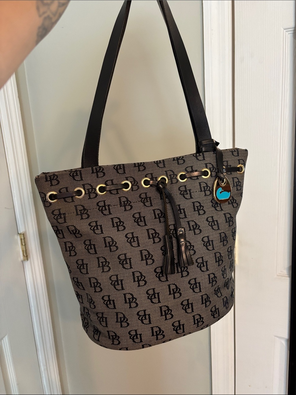 Dooney & Bourke Vintage Black Logo Tote with Tassel Charm